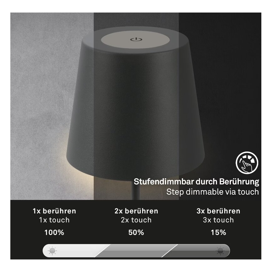 Briloner 7508015 - Lámpara de mesa de exterior LED regulable y recargable 2en1 LED/2,5W/5V IP44 antracita