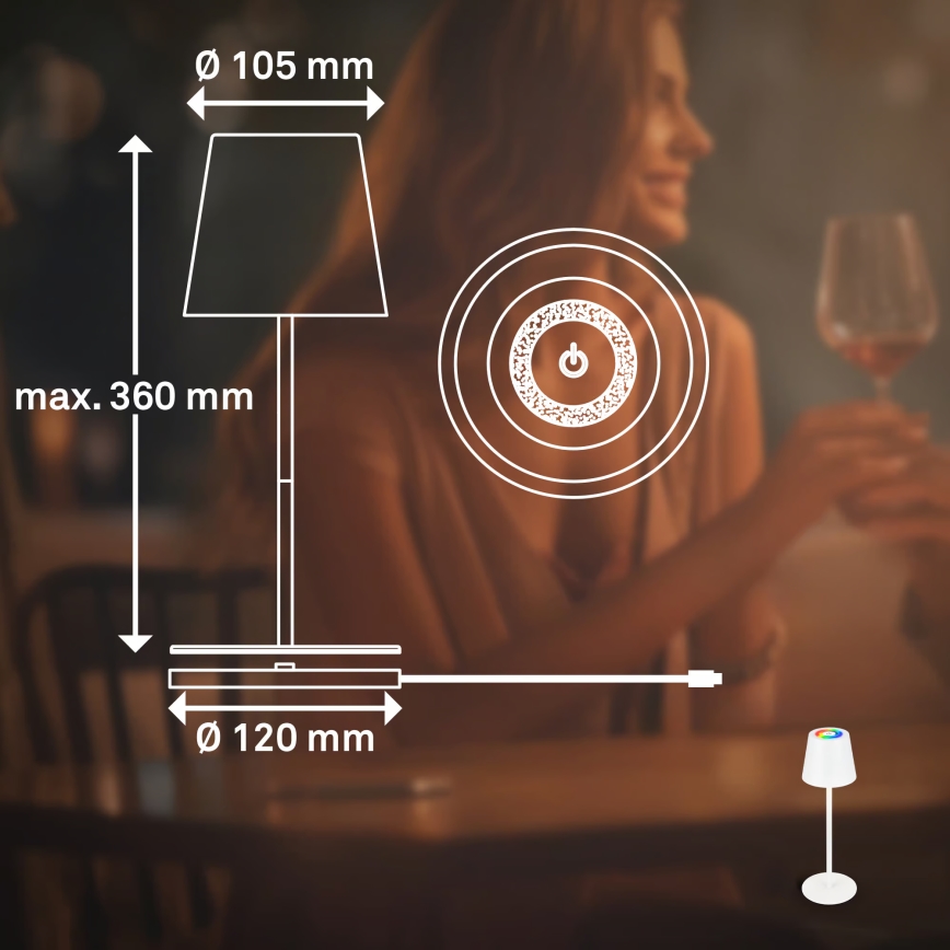 Briloner 7517016 - Lámpara de mesa recargable para exterior LED RGBW regulable CILANO LED/3W/5V IP44 2000 mAh blanco