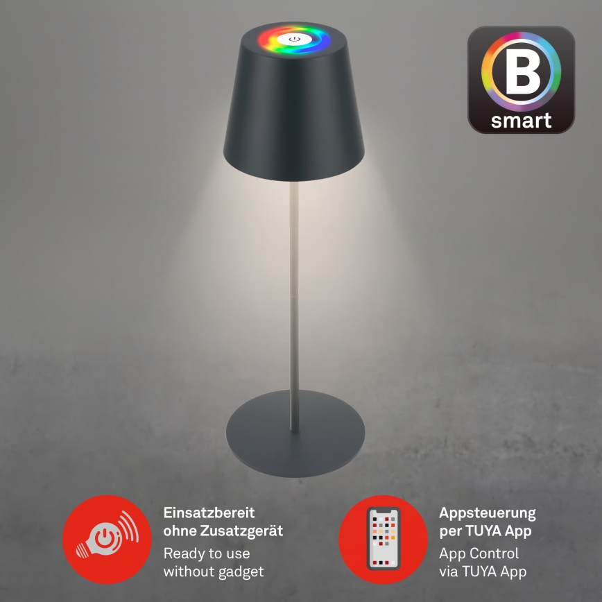 Briloner 7559015 - Lámpara de mesa recargable para exterior LED RGB regulable COLORIS LED/3,5W/5V IP44 2000 mAh antracita Wi-Fi Tuya
