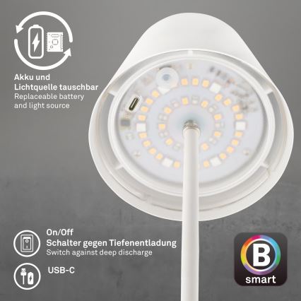 Briloner 7559016 - Lámpara de mesa exterior recargable y regulable LED RGB COLORIS LED/3,5W/5V IP44 2000 mAh Wi-Fi Tuya