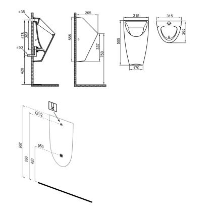 Bruckner - Urinario SCHWARN con conexión posterior, desagüe posterior + sistema de descarga integrado 6 V CC, negro
