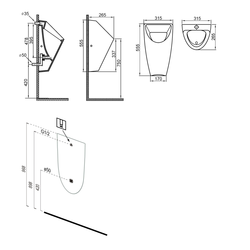 Bruckner - Urinario SCHWARN con conexión posterior, desagüe posterior + sistema de descarga integrado 6 V CC, negro