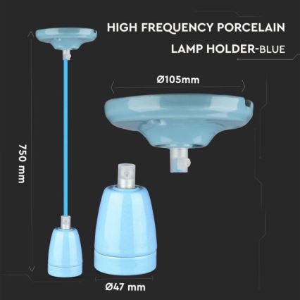 Cable de alimentación 1xE27/60W/230V azul/porcelana
