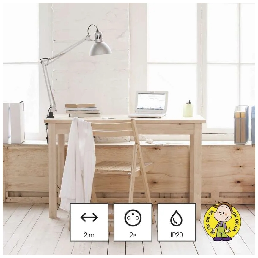 Cable de extensión con 2 enchufes, 2 puertos USB-A y USB-C, 1,4 m