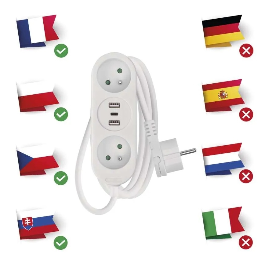 Cable de extensión con 2 enchufes, 2 puertos USB-A y USB-C, 1,4 m