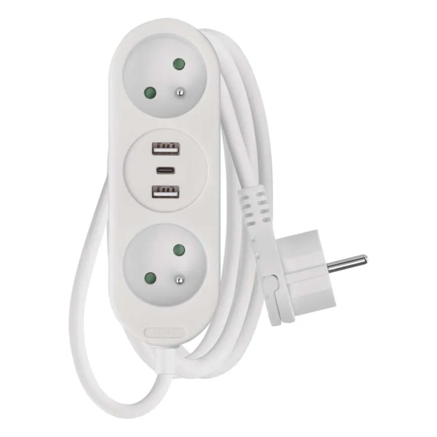 Cable de extensión con 2 enchufes, 2 puertos USB-A y USB-C, 1,4 m