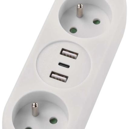 Cable de extensión con 2 enchufes, 2 puertos USB-A y USB-C, 1,4 m