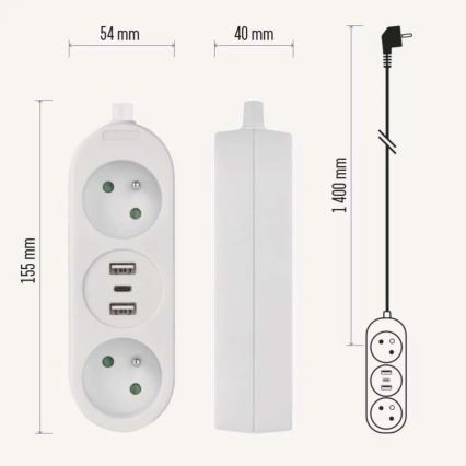 Cable de extensión con 2 enchufes, 2 puertos USB-A y USB-C, 1,4 m