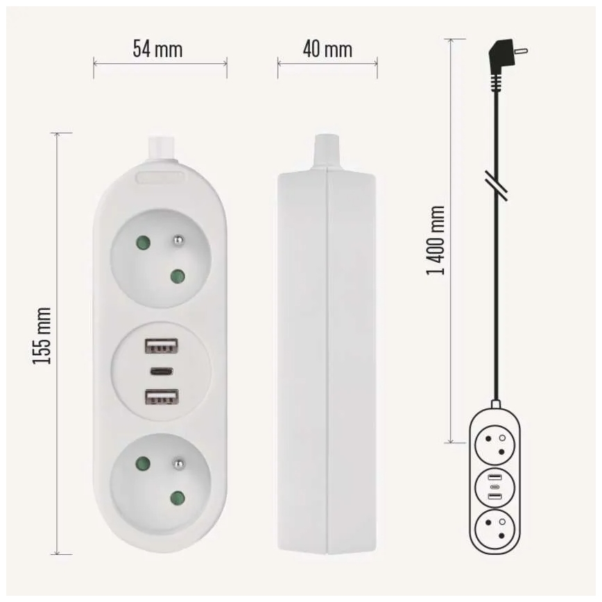 Cable de extensión con 2 enchufes, 2 puertos USB-A y USB-C, 1,4 m