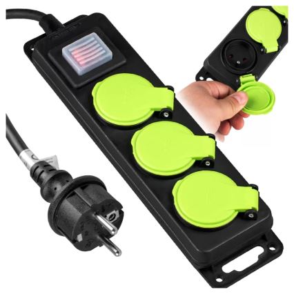 Cable de extensión con interruptor, 3 enchufes, 10 m, IP44