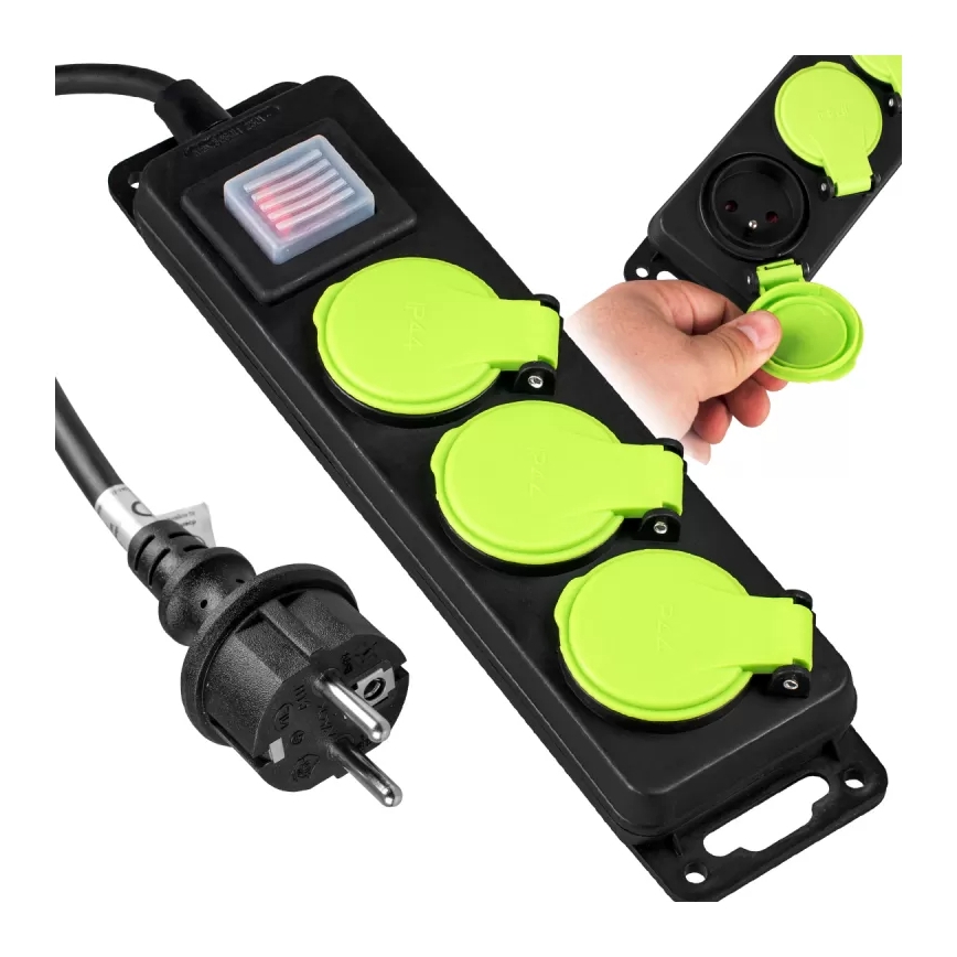 Cable de extensión con interruptor, 3 enchufes, 10 m, IP44