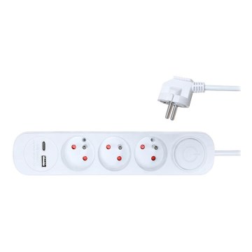 Cable de extensión con interruptor 3 tomas + 2x USB 2m blanco