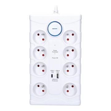Cable de extensión con interruptor 8 tomas Tipo E + 1xUSB-A + 1xUSB-C 2 m blanco