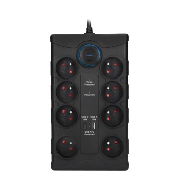Cable de extensión con interruptor 8Z, con enchufe Tipo E + 1x USB-A + 1x USB-C, 2 m, negro
