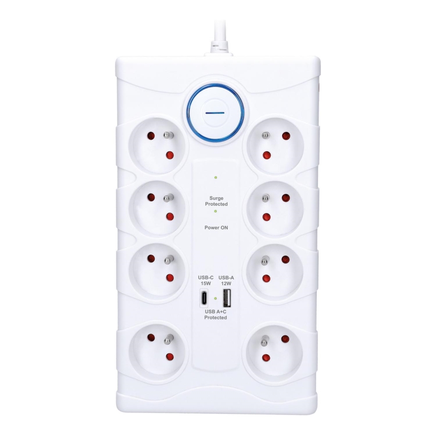 Cable de extensión con interruptor y protección contra sobretensiones 8Z Tipo E + 1xUSB-A + 1xUSB-C 2m blanco