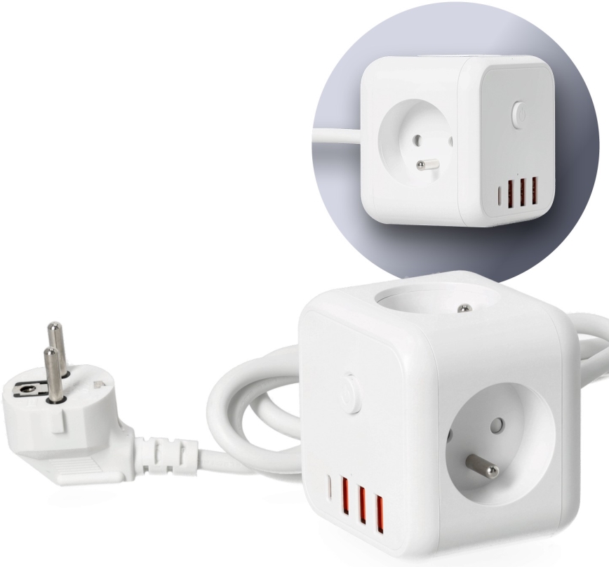 Cable de extensión cubo con interruptor LINEA 3x230V + 4xUSB A/C blanco