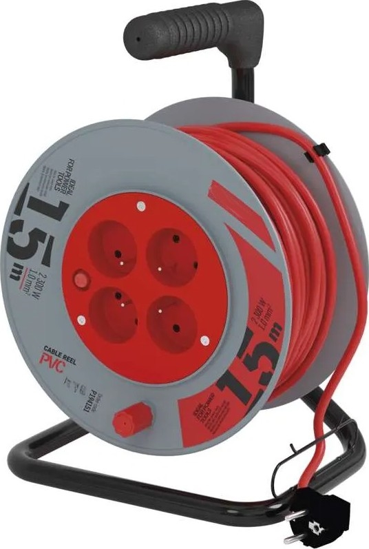 Cable de extensión en carrete 4 tomas 15m rojo/gris