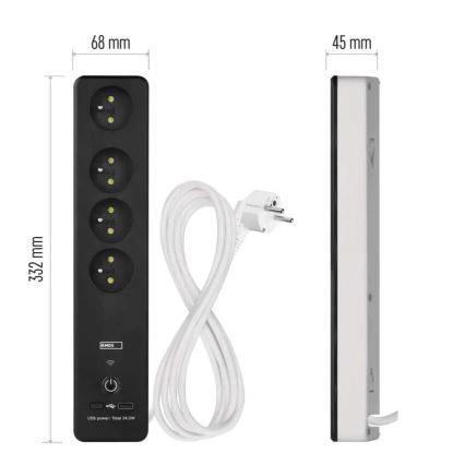 Cable de extensión inteligente con interruptor GoSmart 4Z + 1xUSB-A + 1xUSB-C 2 m Wi-Fi Tuya