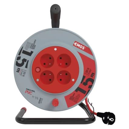 Cable de extensión en carrete 4 tomas 15m rojo/gris