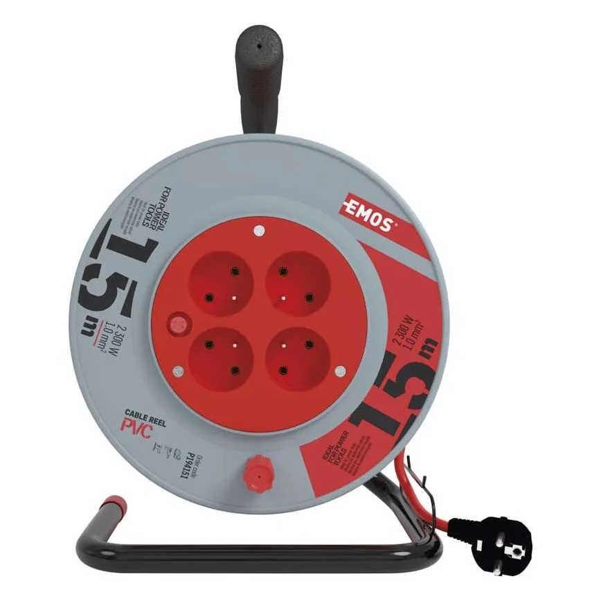 Cable de extensión en carrete 4 tomas 15m rojo/gris