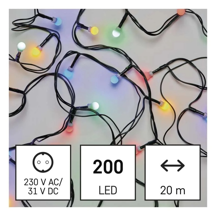 Cadena de luces LED 200 LEDs, 8 funciones, 25 m, IP44, multicolor