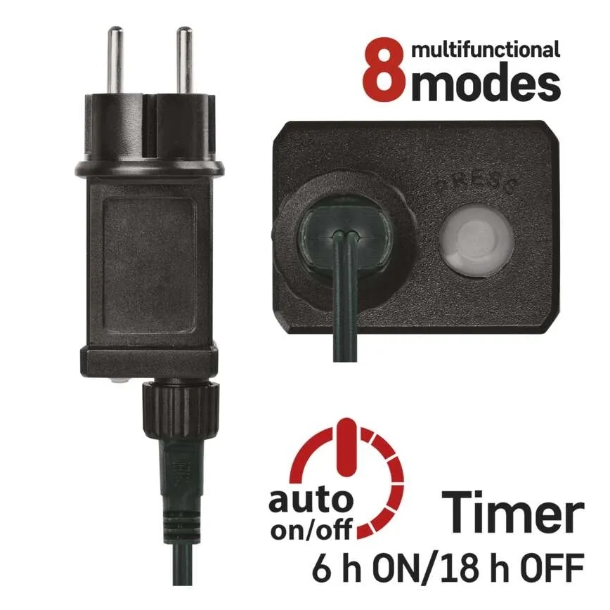 Cadena de luces LED 200 LEDs, 8 funciones, 25 m, IP44, multicolor