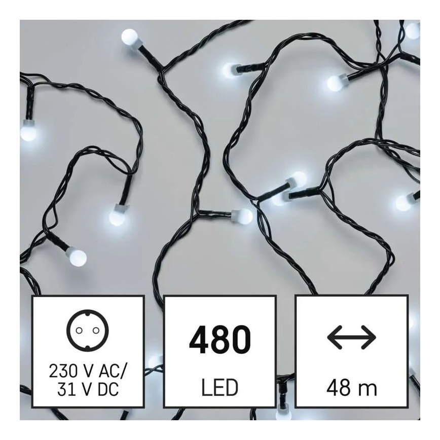 Cadena de luces LED navideña para exterior, 480 LEDs/8 funciones, 53 m, blanco frío, IP44