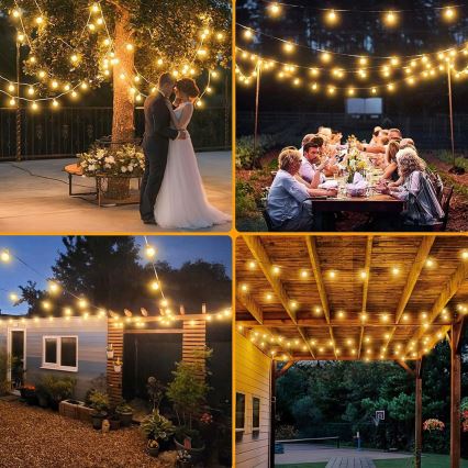 Guirnalda decorativa LED regulable para exterior, 25 x casquillo E12/1 W/24/230 V, 17,5 m, IP65, negra + mando a distancia