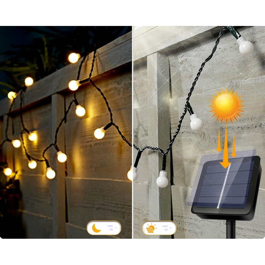 Cadena de luces LED solar decorativa 30 LED, 8 modos, 500 mAh, 6,5 m, IP67, blanco cálido