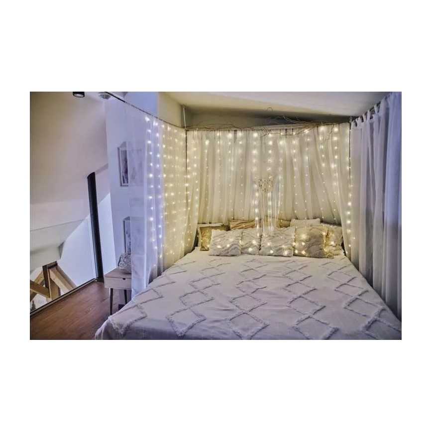 Cadena de luces navideña LED para exterior 300 LEDs/8 funciones 5,9 m IP44 blanco cálido