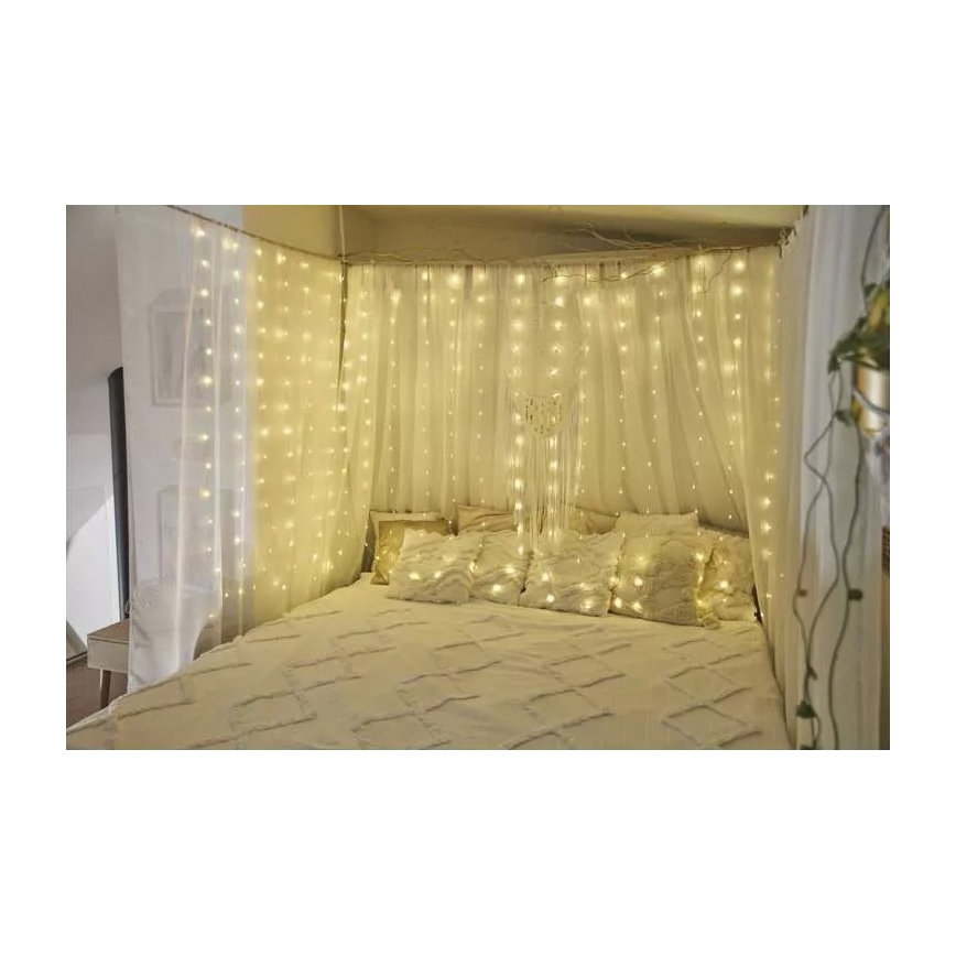 Cadena de luces navideña LED para exterior 300 LEDs/8 funciones 5,9 m IP44 blanco cálido