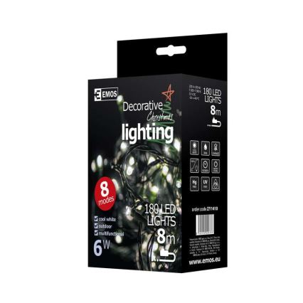Cadena de Navidad LED para exteriores 180xLED/8 funciones 8m IP44 blanco frío