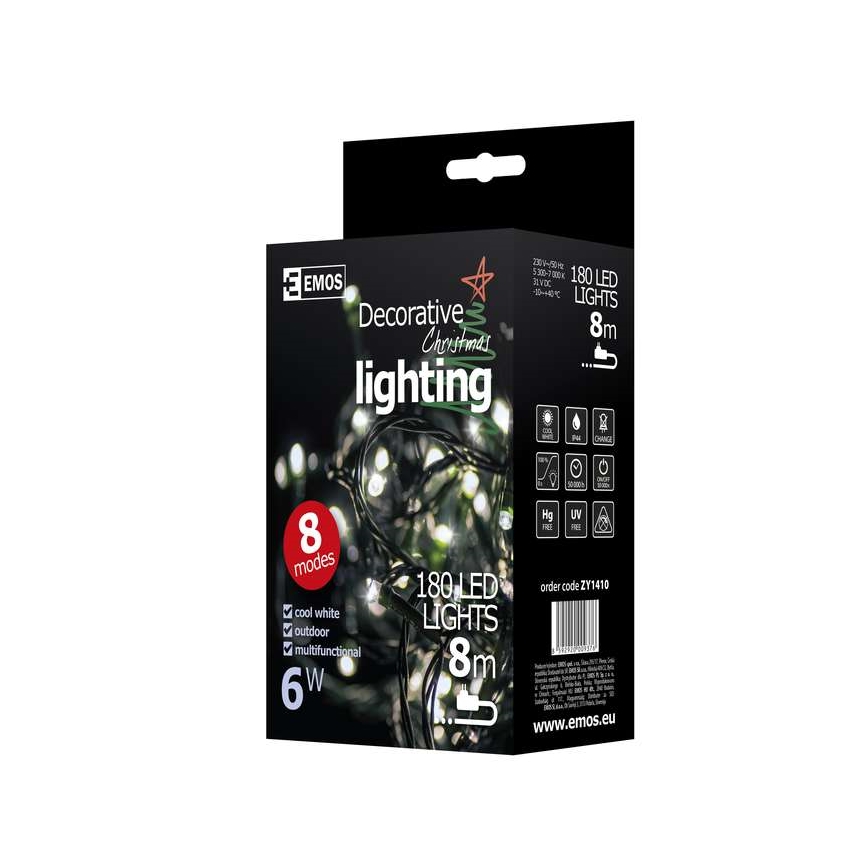 Cadena de Navidad LED para exteriores 180xLED/8 funciones 8m IP44 blanco frío