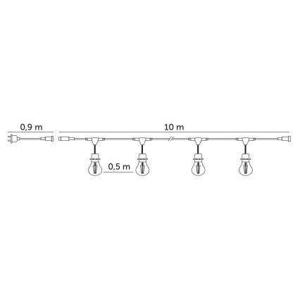 Cadena decorativa LED para exteriores BAJA ST64 20xE27/1W/230V 10,9m IP44 blanco cálido