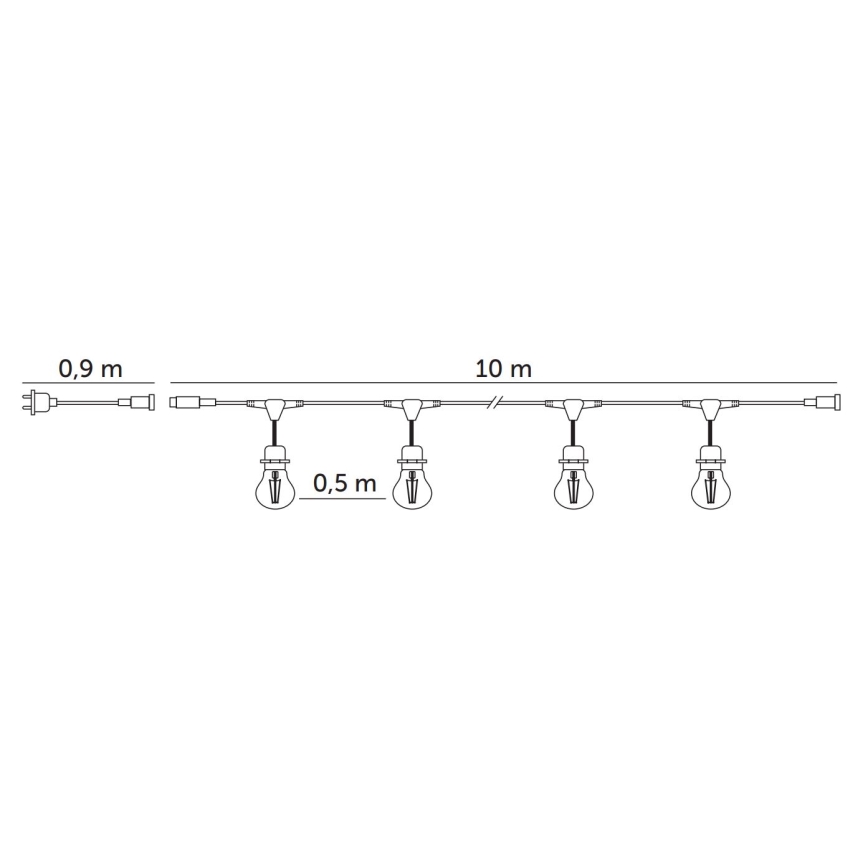 Cadena decorativa LED para exteriores BAJA ST64 20xE27/1W/230V 10,9m IP44 blanco cálido