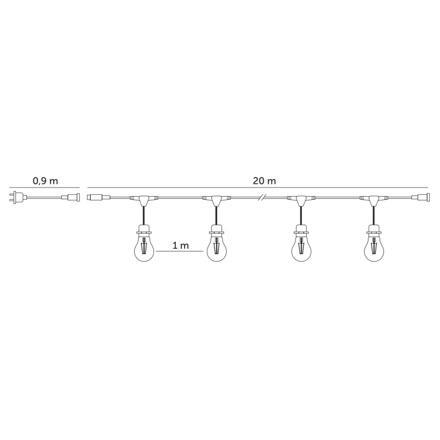 Cadena decorativa LED para exteriores BAJA ST64 20xE27/1W/230V 20,9m IP44 blanco cálido