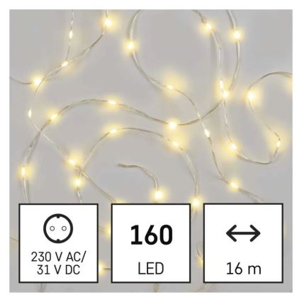 Cadena LED navideña exterior 160xLED/21m IP44 blanco cálido