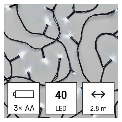 Cadena LED navideña exterior 40xLED/3xAA 3,3m IP44 blanco frío