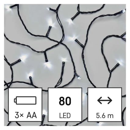 Cadena LED navideña exterior 80xLED/3xAA 6,1m IP44 blanco frío