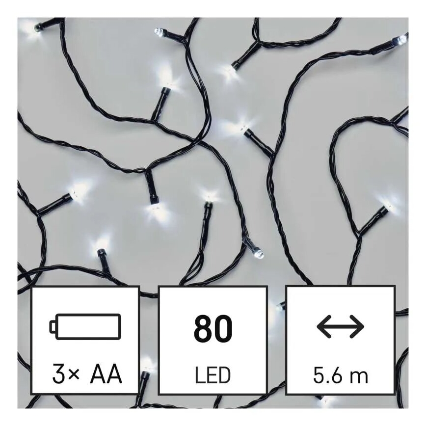 Cadena LED navideña exterior 80xLED/3xAA 6,1m IP44 blanco frío