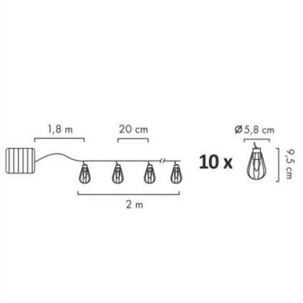 Cadena LED solar para exterior 10xLED/1,2V 300 mAh 3,8 m IP44