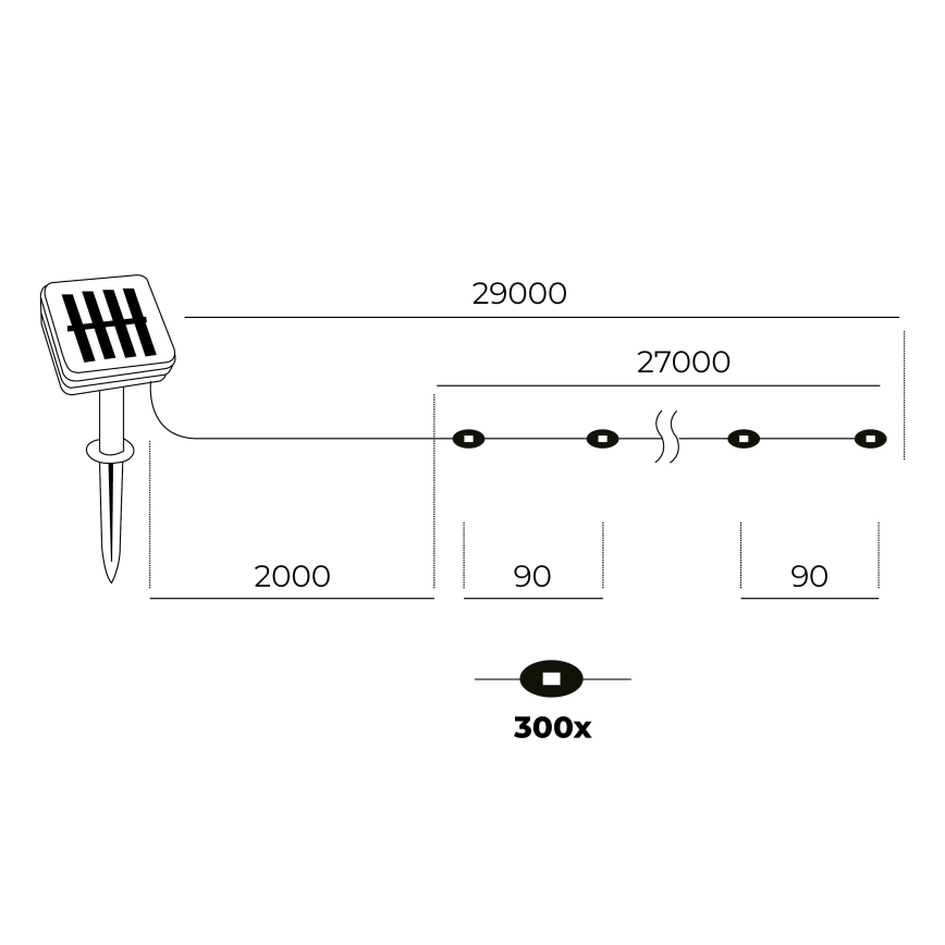 Cadena solar LED 300xLED/0,12W/1,2V 1xAA 27 m IP44 3000K 800 mAh