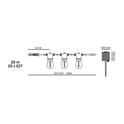Guirnalda decorativa solar LED regulable STARLIGHT NEO 20xE27/3,7V 2700K IP54 2400 mAh 21,5m + mando a distancia