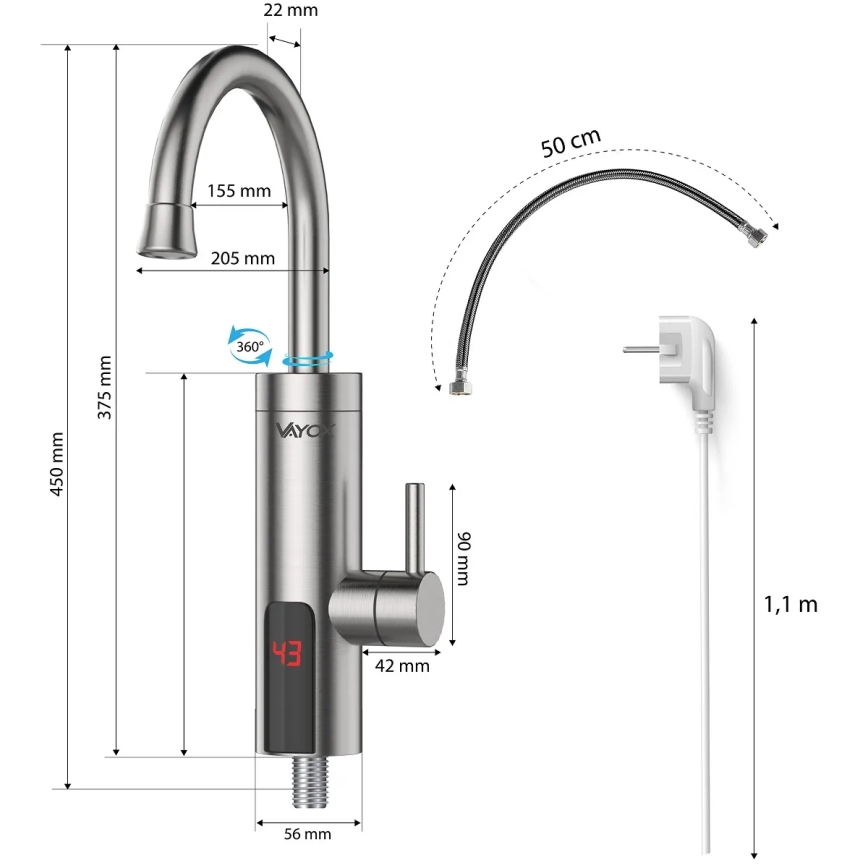 Calentador de agua instantáneo con pantalla LED 3000W/230V IPX4 acero inoxidable
