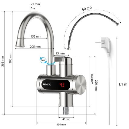 Calentador de agua instantáneo con pantalla LED 3000W/230V IPX4 acero inoxidable