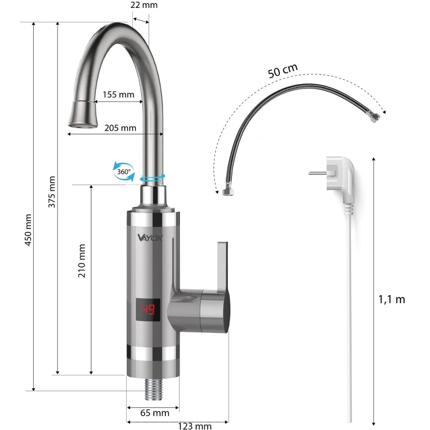 Calentador de agua instantáneo con pantalla LED 3000W/230V IPX4 acero inoxidable