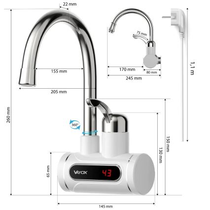 Calentador de agua instantáneo con pantalla LED 3000W/230V IPX4 blanco