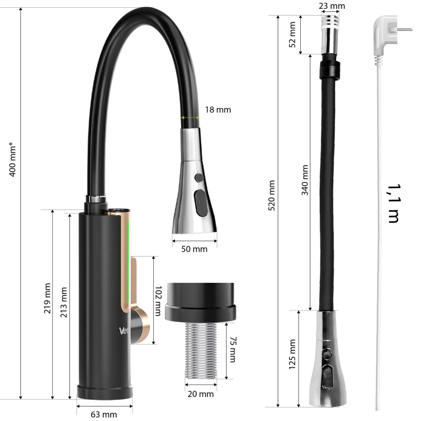 Calentador de agua instantáneo con pantalla LED 3000W/230V IPX4 negro