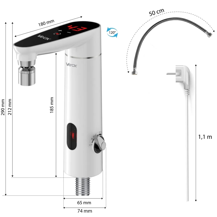 Calentador de agua instantáneo táctil con sensor y LED mostrar 3000W/230V IPX4 blanco