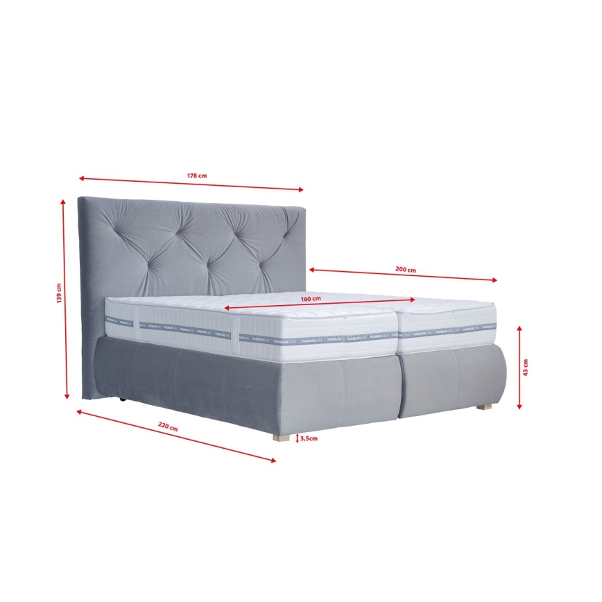 Cama boxspring con colchón y topper ELEN 160x200 cm, gris